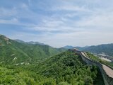 Blick über die Chinesische Mauer, die sich durch grüne Hügel und Berge windet – ein Höhepunkt von Jan Wengryns Zeit in China.