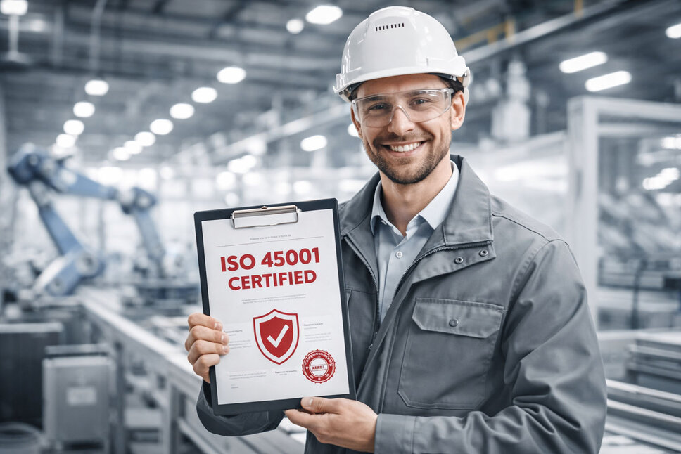Zaměstnanec s ochrannou přilbou ukazuje certifikát ISO 45001 v průmyslovém výrobním prostředí