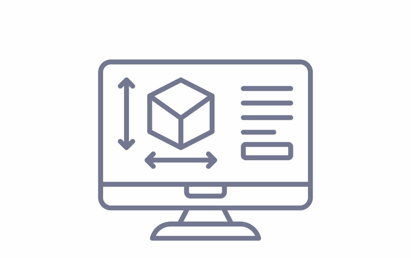 Symbol graphic of a monitor with 3D model and dimensioning - stands for engineering and design in toolmaking at weba.