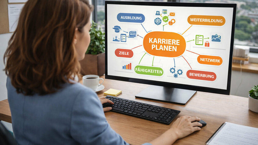 Frau sitzt am Schreibtisch im Büro und arbeitet am Computer an einer Mindmap zur Karriereplanung mit Themen wie Ausbildung, Ziele, Netzwerk und Fähigkeiten