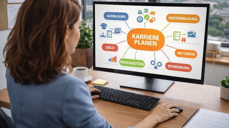 Žena sedí u stolu v kanceláři a pracuje na počítači na myšlenkové mapě pro plánování kariéry, která zahrnuje témata jako vzdělání, cíle, síť kontaktů a dovednosti