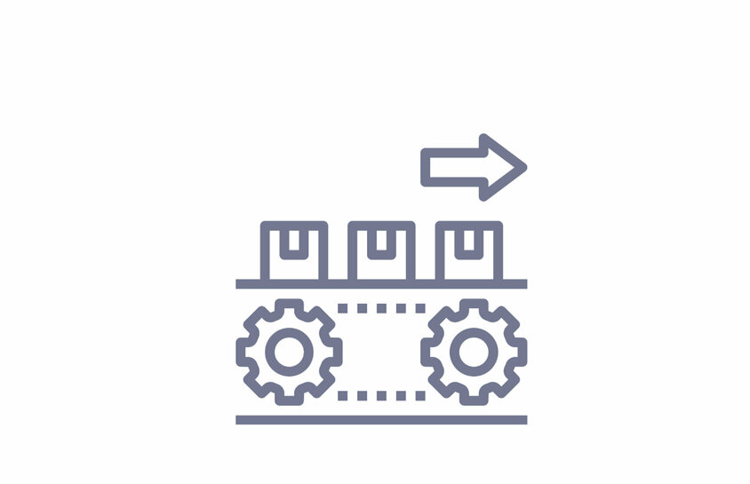 Symbol graphic of a conveyor belt with cogwheels and boxes - stands for series production and parts production at weba.