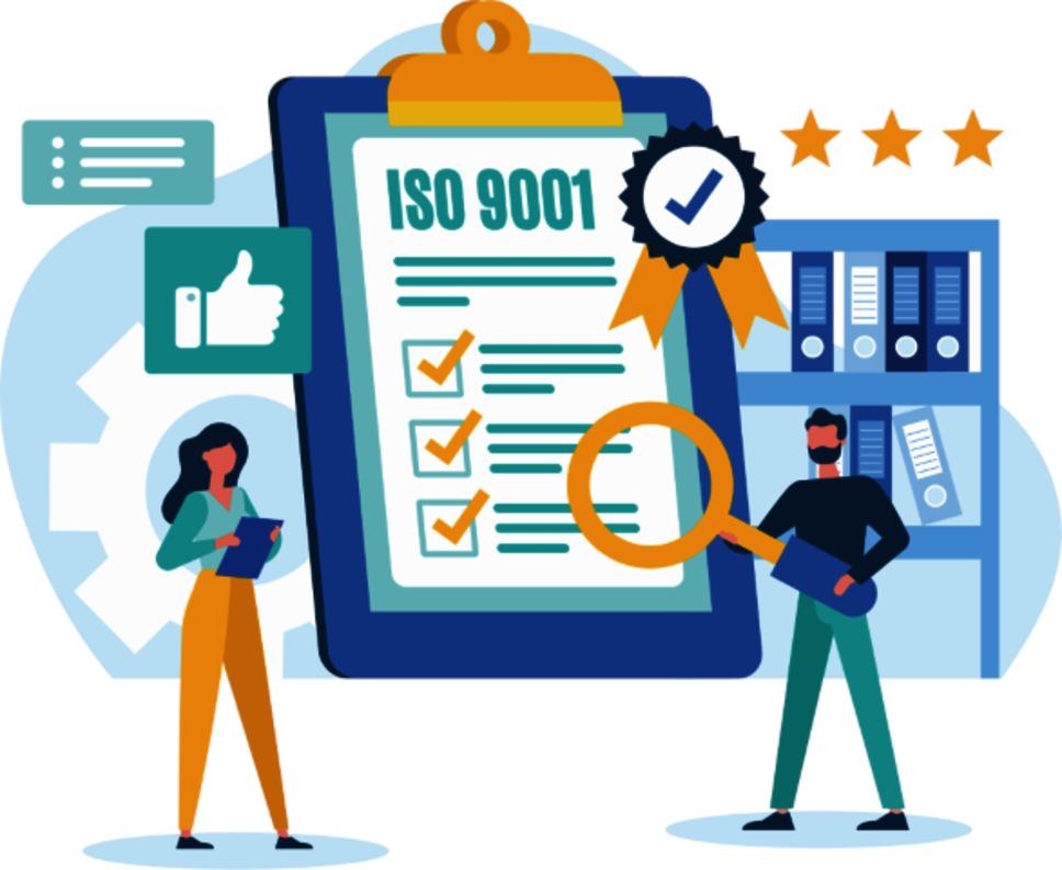 Barevná vektorová grafika se schránkou s nápisem „ISO 9001“. Mužská postava drží obří lupu, zatímco ženská postava drží knihu. Vedle nich je znak palce nahoru a hvězdičky.