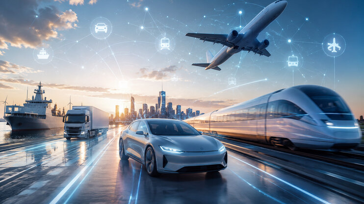 Futuristická scéna mobility s elektromobilem, vysokorychlostním vlakem, nákladním vozidlem, lodí a letadlem před moderní panoramatickou scenérií města. Digitální sítě a propojené dopravní symboly představují inovativní řešení mobility a technologie budoucnosti v oblastech automotive, rail, aerospace a logistics.