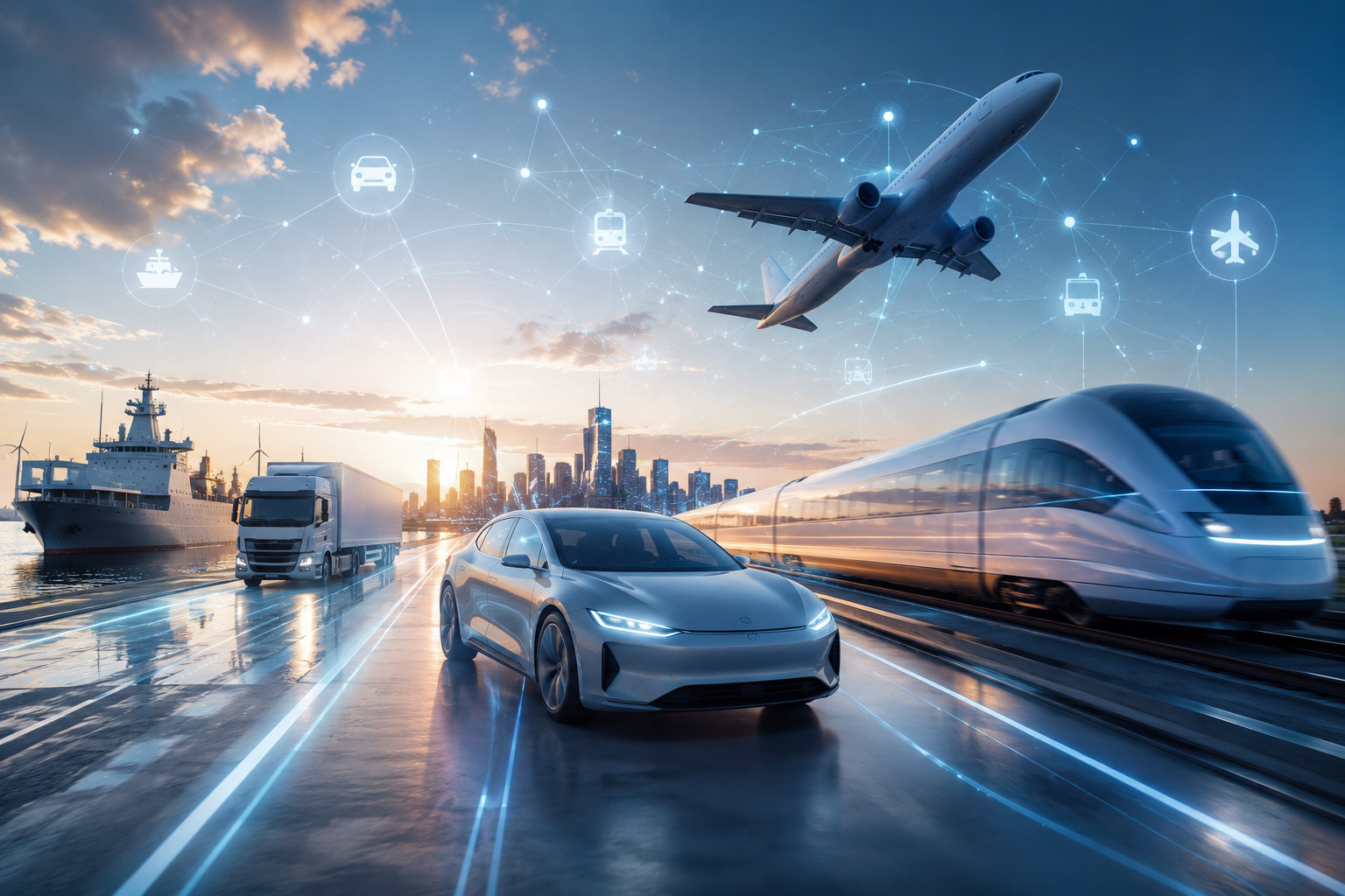 Futuristická scéna mobility s elektromobilem, vysokorychlostním vlakem, nákladním vozidlem, lodí a letadlem před moderní panoramatickou scenérií města. Digitální sítě a propojené dopravní symboly představují inovativní řešení mobility a technologie budoucnosti v oblastech automotive, rail, aerospace a logistics.